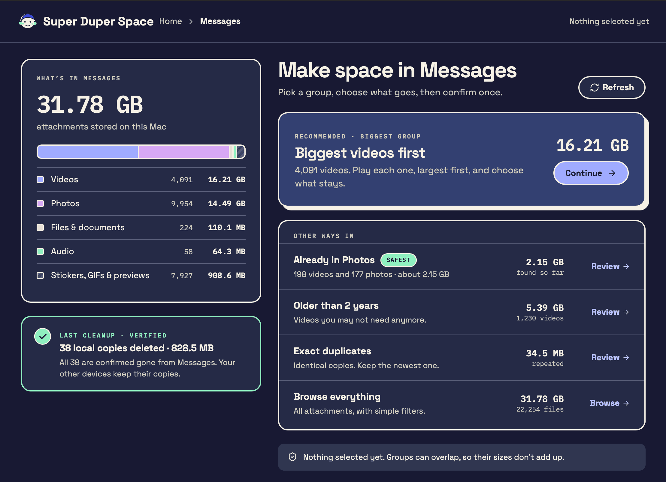 Super Duper Space showing 31.78 GB of Messages attachments on an example Mac, 16.21 GB of it videos